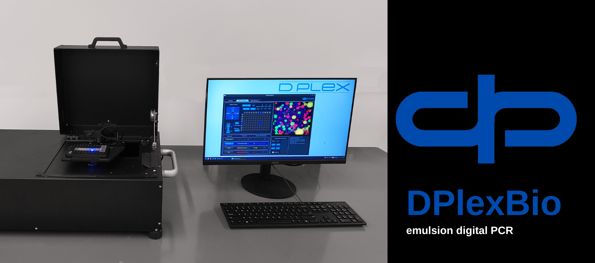 Instrument, PC, and logo for DPlexBio emulsion digital PCR system.