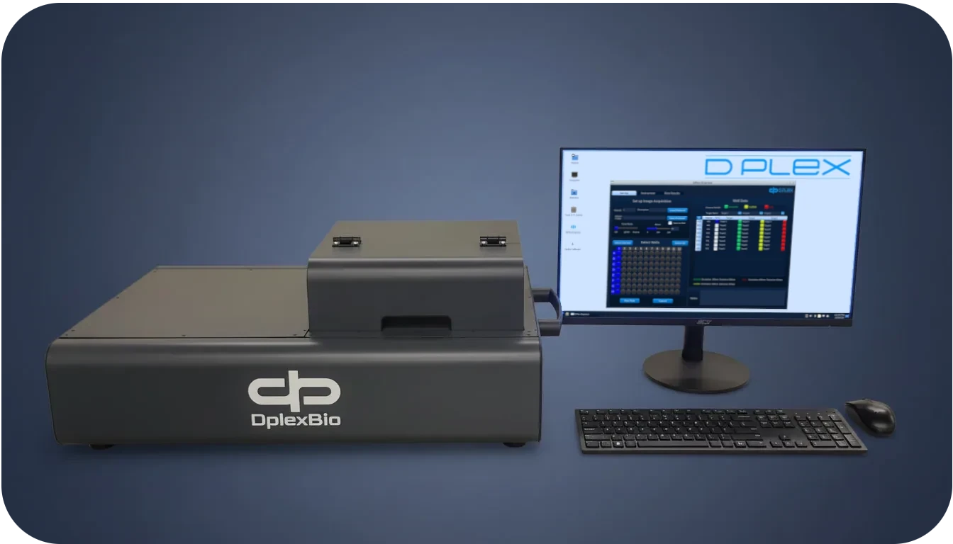 Conceptual visualization of DPlexBio edPCR combining instrumentation, fluorescent droplets, and computational analysis